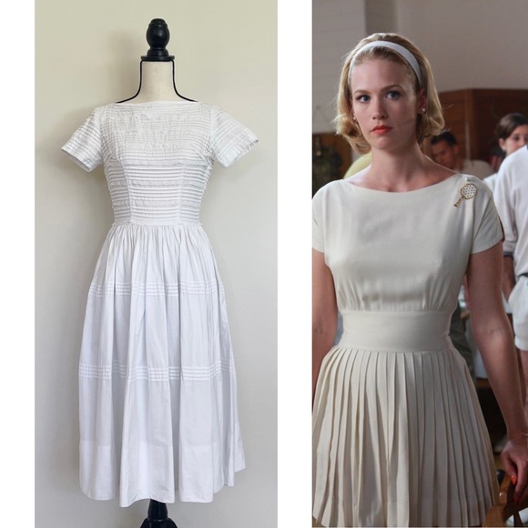 Vintage 50s White Cotton Fit and Flare Dress - Picture 3 of 10